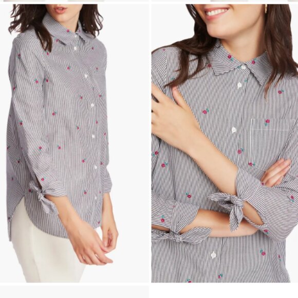 COURT & ROWE size 3X Striped Floral Embroidered Bow Tie Sleeve Button Down - Picture 1 of 11